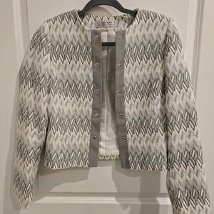 Tahari Arthur S Levine Gray and Cream Jacket Womens Sz 4 Cropped Y2K Herringbone
